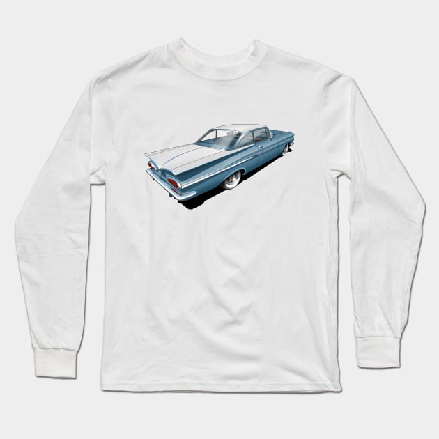 1959 Chevrolet Impala in Frost Blue and White Long Sleeve T-Shirt by candcretro